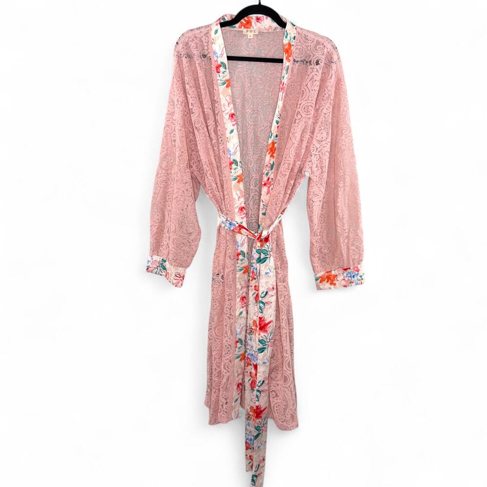 New POL‎ Pink Lace Duster Robe L Floral Trim Boho Coquette Cottagecore Kimono